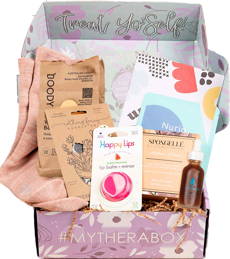 Self-care starter Box worth of $125+ goodies including the following products: Dermadeli | Pumpkin Seed Serum, Spongelle | Autumn Bloom Multi-use Body Buffer, Nothing Fancy Supply | Bee’s Wrap, Happy Lips | Flavors Vary, Boody | Women's Chunky Bed Socks (Colors May Vary), Nuria | Hydrate Replenishing Sheet Mask and Free Period Press | Unplugged Zine