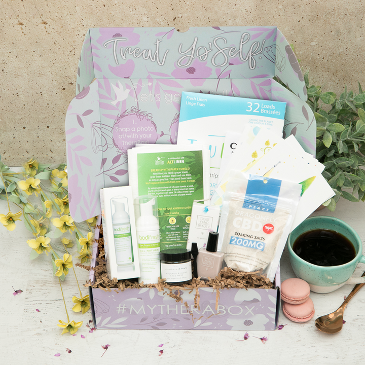 Flourish full box photo showing Alt Linen | Pair of Forever Kitchen Towels | $30,Plant Based Beauty | Avocado + Algae Mask | $22, Dragonfly | Soaking Salts | $20, Tru Earth | Tru Earth Eco-Strips Laundry Detergent | $19.99,Trust Fund Beauty | "No Filter" Nail Polish | $15,Bodifresh | Dew Drops of Spring | $7.95, Curious Bird (Stacy Moore Studio) | Curiosity Cards - Garden of the Mind | $19.95