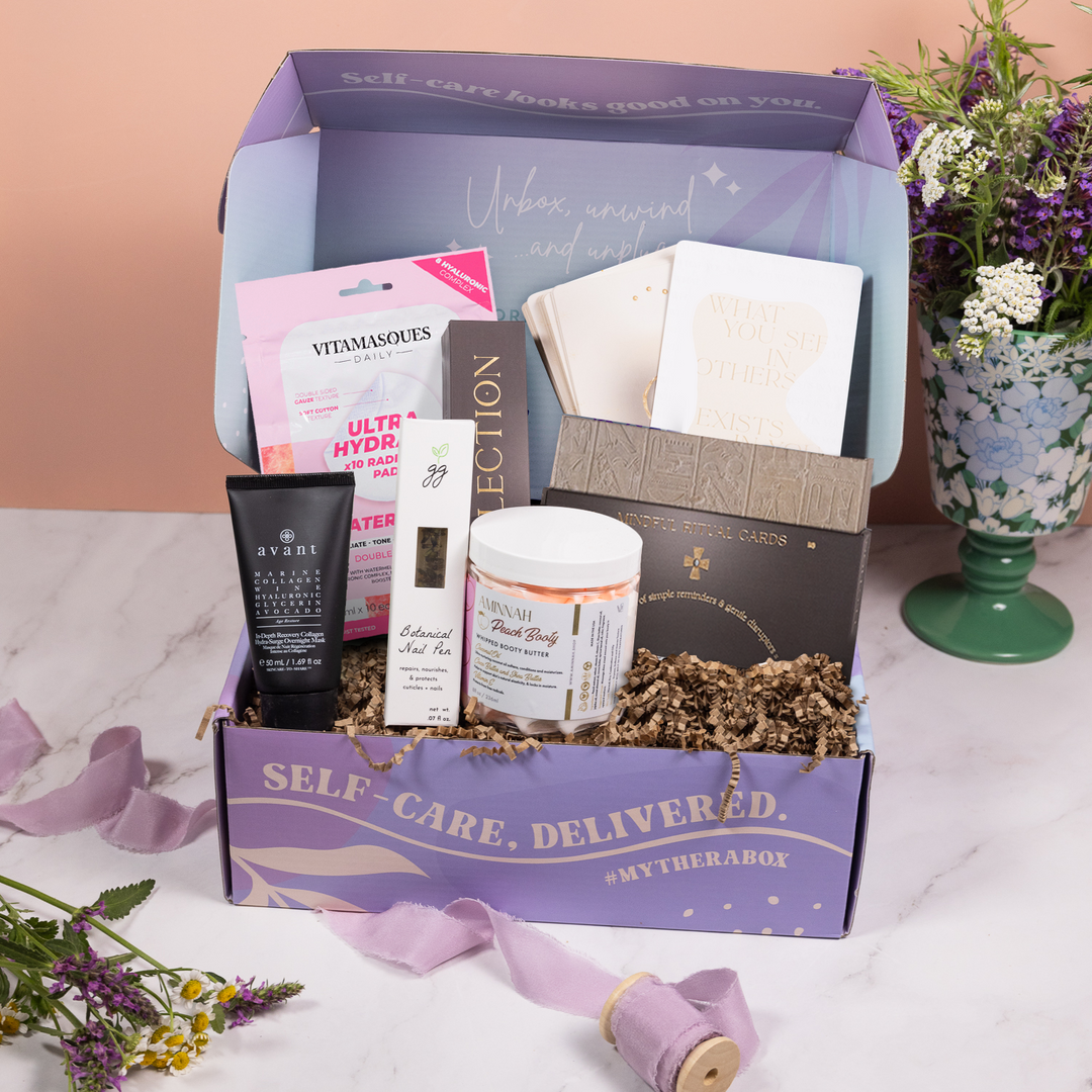 TheraBox Radiant box featuring Greenmade Goods | Botanical Nail Cuticle Oil, Aminnah | Peach Booty Tightening Lifting Butt Butter, Avant Skincare | In-Depth Recovery Collagen Hydra-Surge & Overnight Mask, Vitamasques | Ultra Hydrate Watermelon Face Pads - 10 Radiance Pads, and Prism + Fleur | Reflection 8 Mindful Ritual Cards