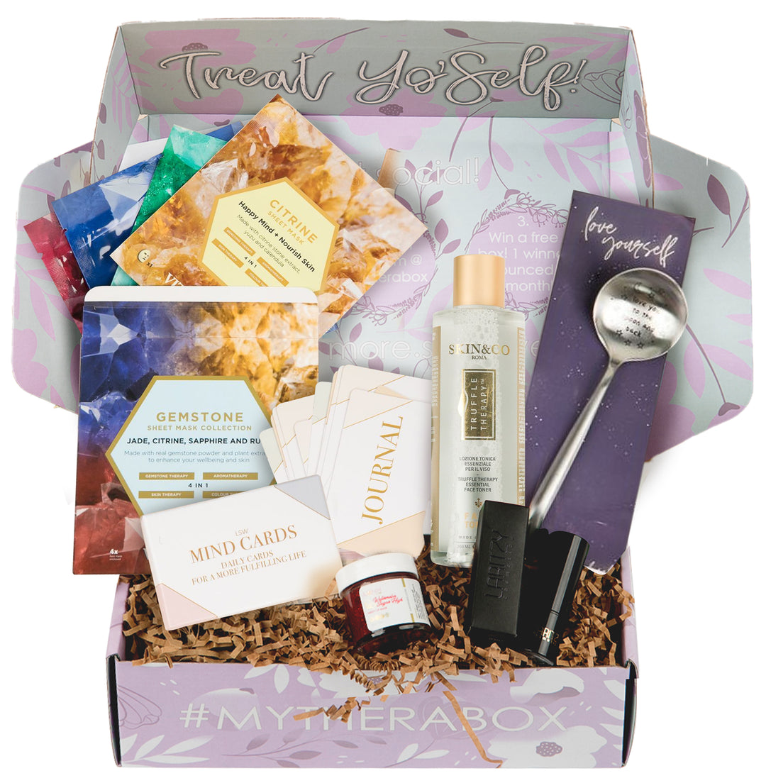 Therabox Amour box featuring 9 self care items ranging from bath and body to skincare items