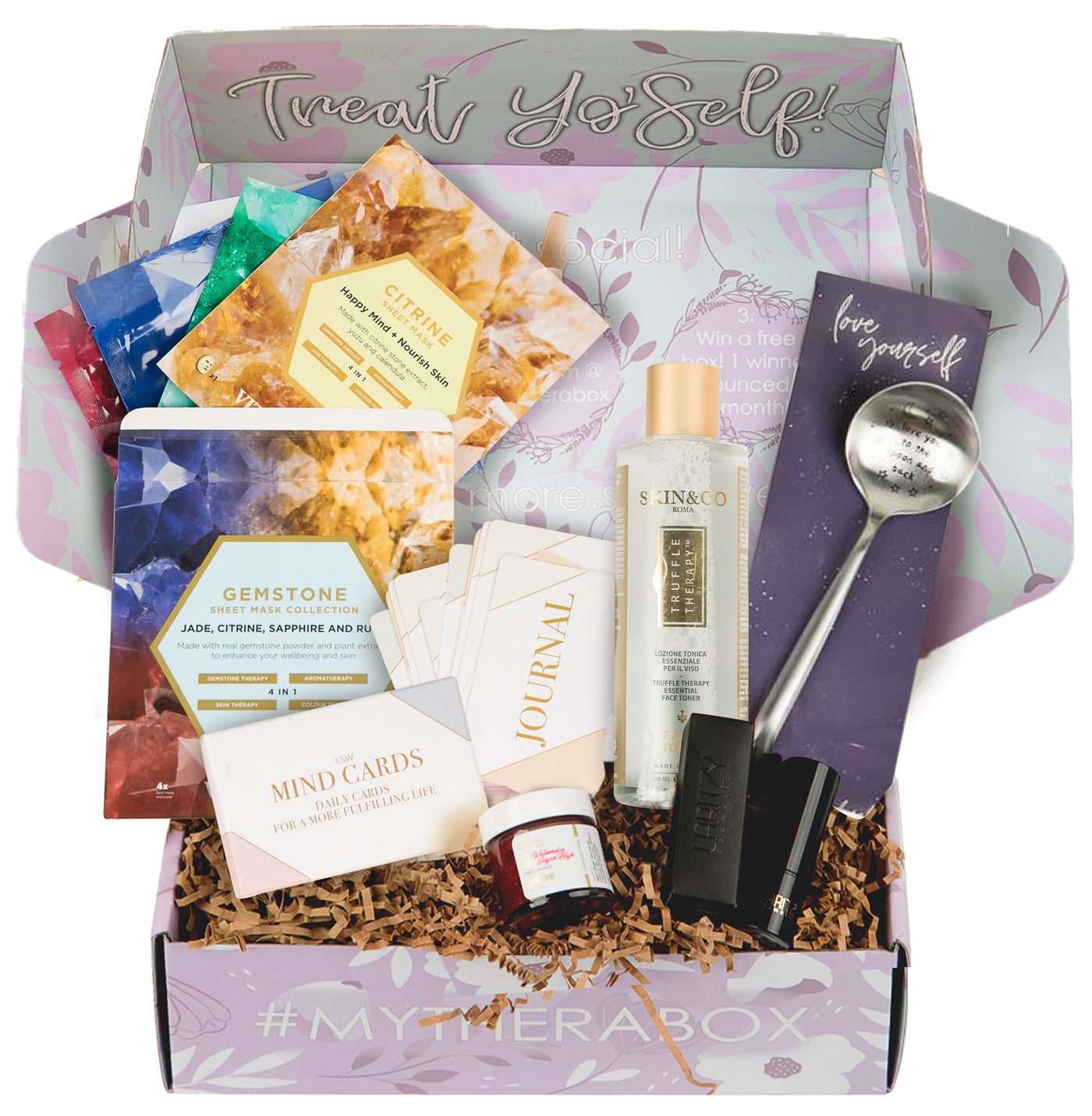 Therabox Amour box featuring 9 self care items ranging from bath and body to skincare items