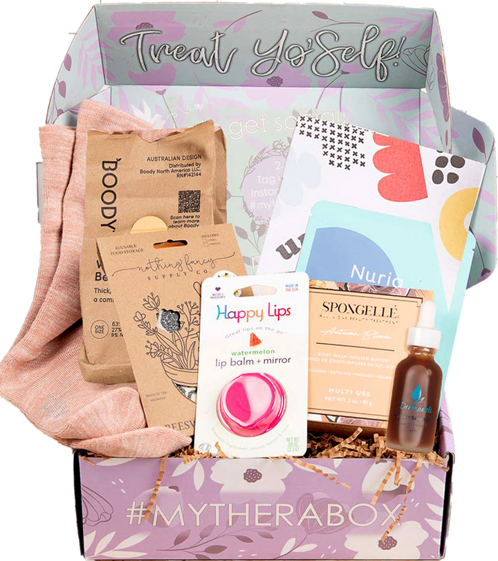 Self-care starter Box worth of $125+ goodies including the following products: Dermadeli | Pumpkin Seed Serum, Spongelle | Autumn Bloom Multi-use Body Buffer, Nothing Fancy Supply | Bee’s Wrap, Happy Lips | Flavors Vary, Boody | Women's Chunky Bed Socks (Colors May Vary), Nuria | Hydrate Replenishing Sheet Mask and Free Period Press | Unplugged Zine