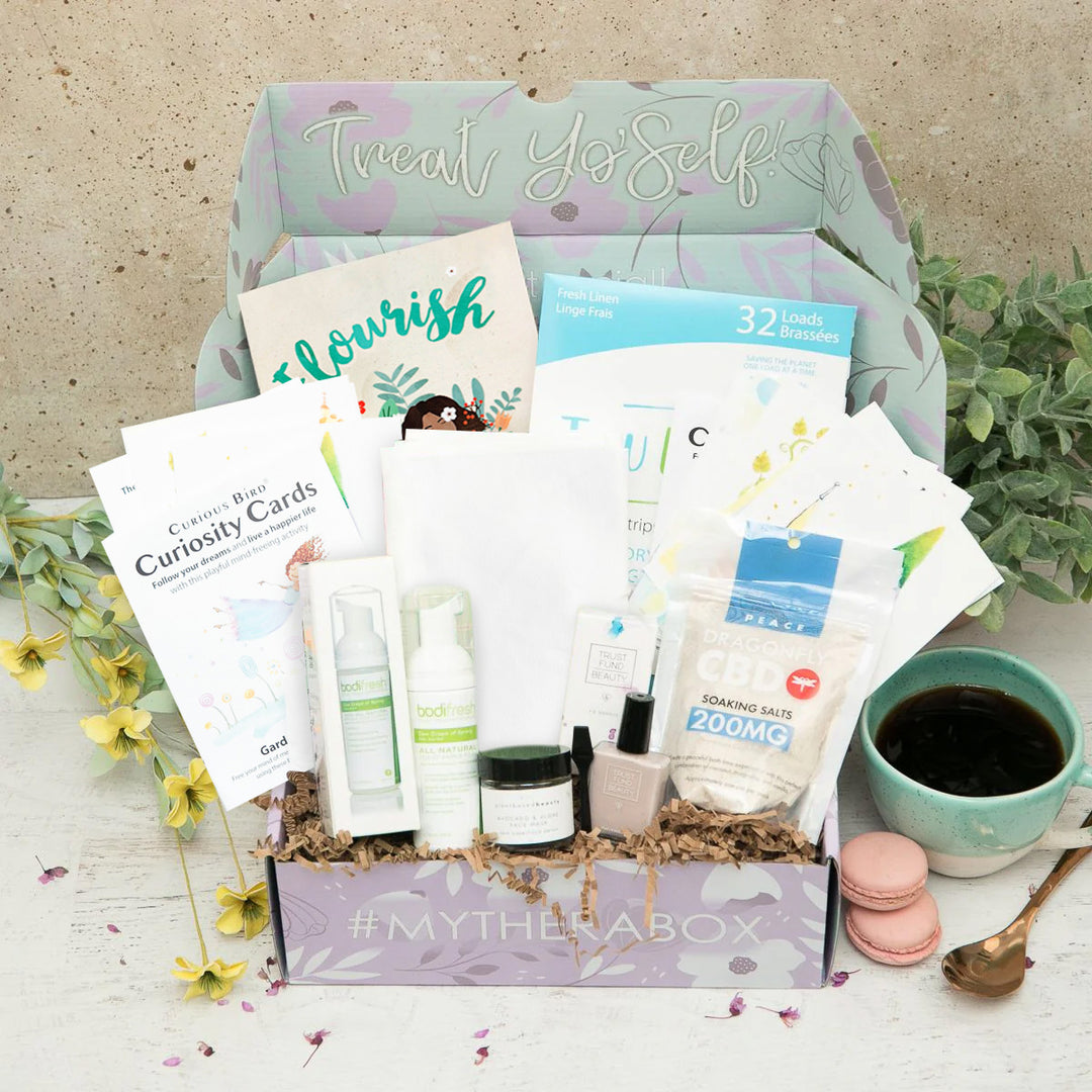 TheraBox Flourish box featuring Alt Linen | Pair of Forever Kitchen Towels, Plant Based Beauty | Avocado + Algae Mask, Dragonfly | Soaking Salts, Tru Earth | Tru Earth Eco-Strips Laundry Detergent, Trust Fund Beauty | "No Filter" Nail Polish, Bodifresh | Dew Drops of Spring, Curious Bird (Stacy Moore Studio) | Curiosity Cards - Garden of the Mind 