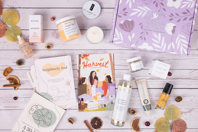 Therabox Harvest box featuring 8 self care items ranging from bath and body to skincare items