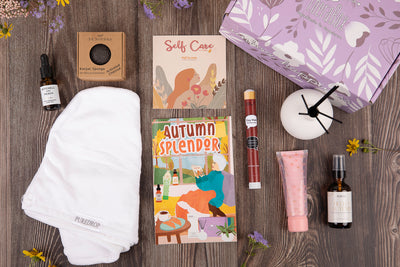 Therabox Autumn Splendor box featuring 8 self care items ranging from bath and body to skincare items