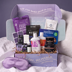 The TheraBox Goodnight box features ZENESSY Sleep Support Patches, EARTH HARBOR Obscura Night Repair Concentrate, WHISH BEAUTY Overnight Sleep Mask, Z!NGHA Calm Aromatherapy On-the-Go, ZAALTS Lavender Dead Sea Salt Fizzy Bath Soak, VOIR HAIRCARE Sunrise Ritual Shampoo, VOIR HAIRCARE Sunset Ritual Conditioner, KOMUSO DESIGN | The Breather + KOMUSO Method E-Course, and a WIKISLEEP 6-Month Premium Subscription.