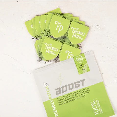 The Friendly Patch | Boost Energy Patch. These plant-based “Boost” patches are teeming with all-natural antioxidants and nutrients like Yerba Mate, Green Tea Extract and Green Coffee Extract. Each patch has 3 layers designed for the safe release of the supplements into the bloodstream.