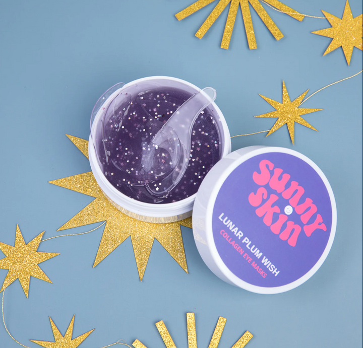 Sunny Skin | “Lunar” Plum Wish Eye Gel Mask  Collagen acts as an invisible and gentle force to reduce wrinkles, lighten dark circles and shrink puffiness around your eyes. Scoop up a pair, leave it on for 10-15 minutes and feel the cooling sensation of this hydrating concoction do its spell! Pat excess serum into skin and transform tired peepers into starry eyes that brighten up the clear night sky! 