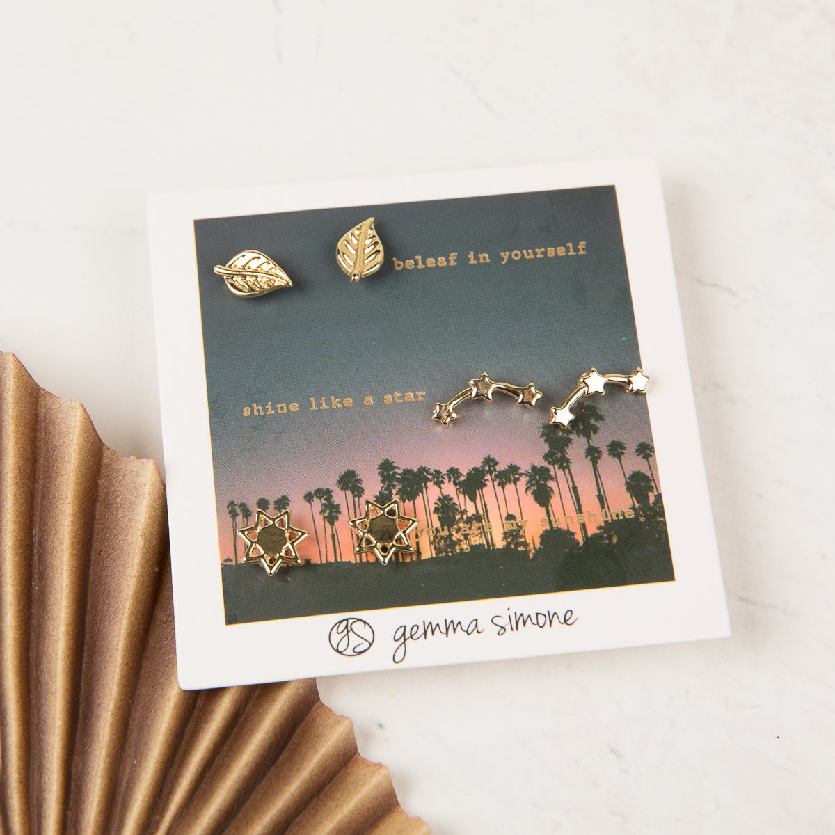 Gemma Simone | 14kt Gold Plated Sun, Stars & Leaf Earrings